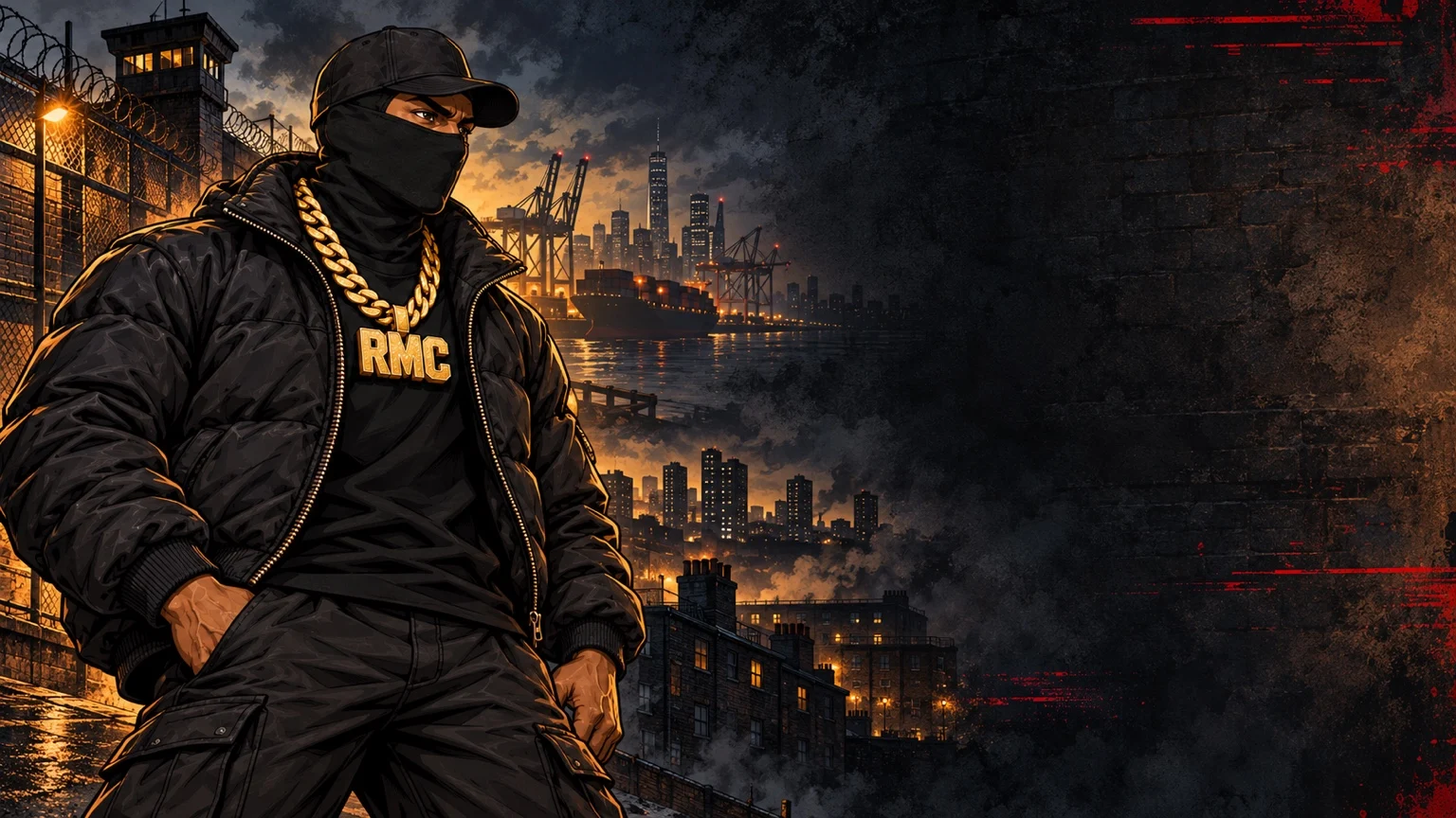 RMC Signal Lost masked hero in dark city harbour artwork